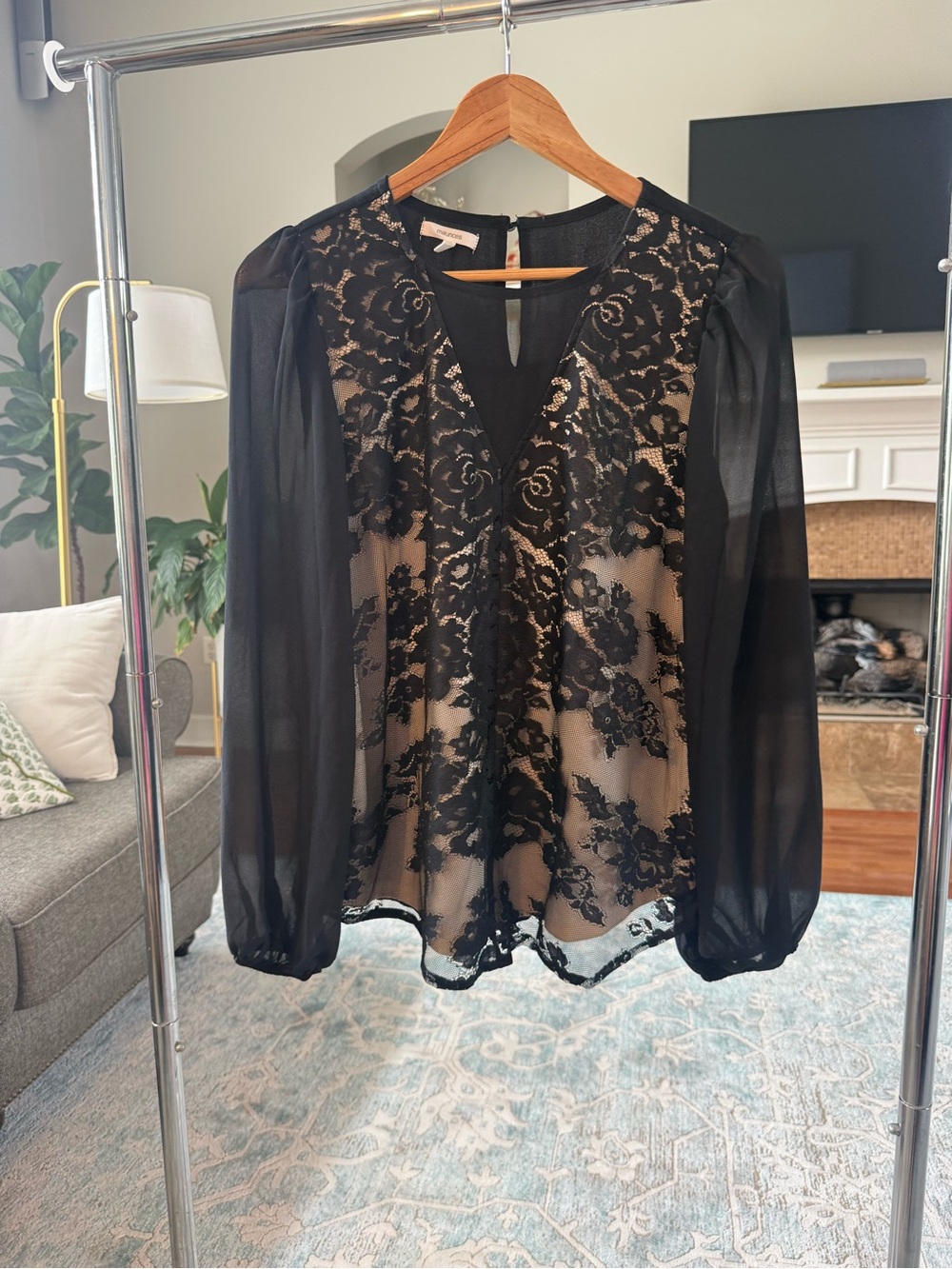Maurices Black Lace Overlay Blouse with Nude Lining